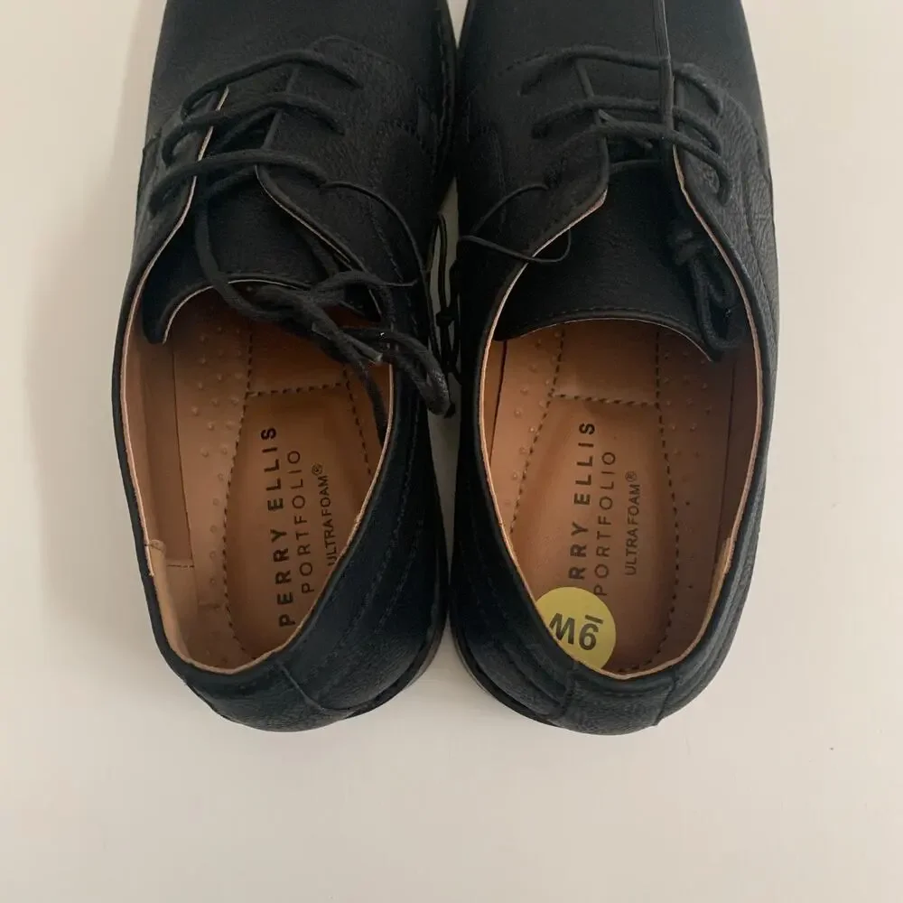 Perry Ellis Portfolio Men's Sz 9W Ultra Foam Bennett Wide Black Dress Shoes